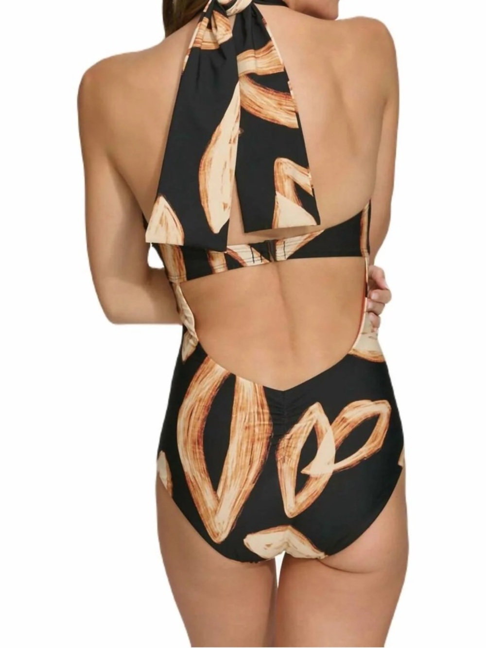 DKNY Black One-Piece Swimsuit with Cream & Brown Leaf Print, Women’s 8, NWOT - Picture 8 of 9
